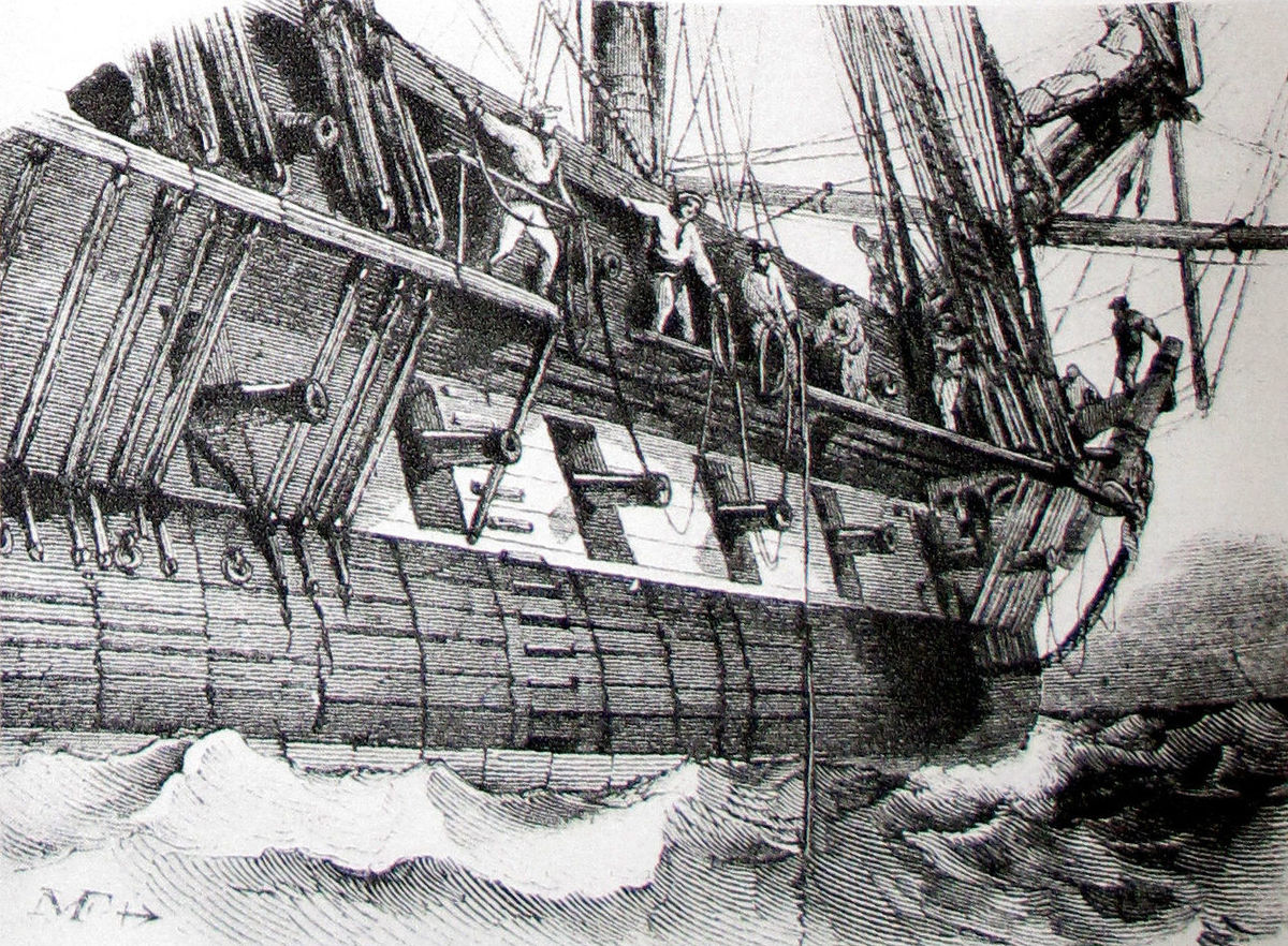 Měření hloubky pomocí lana s olovnicí z paluby fregaty. Ilustrace z roku 1844. (zdroj: Wikimedia Commons)