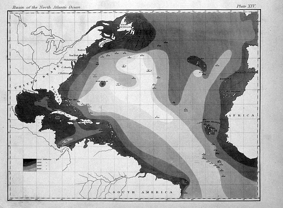 První tištěná batymetrická mapa, oblast severního Atlantiku (sestavil M. Maury v r. 1853 na základě měření z USS Dolphin)