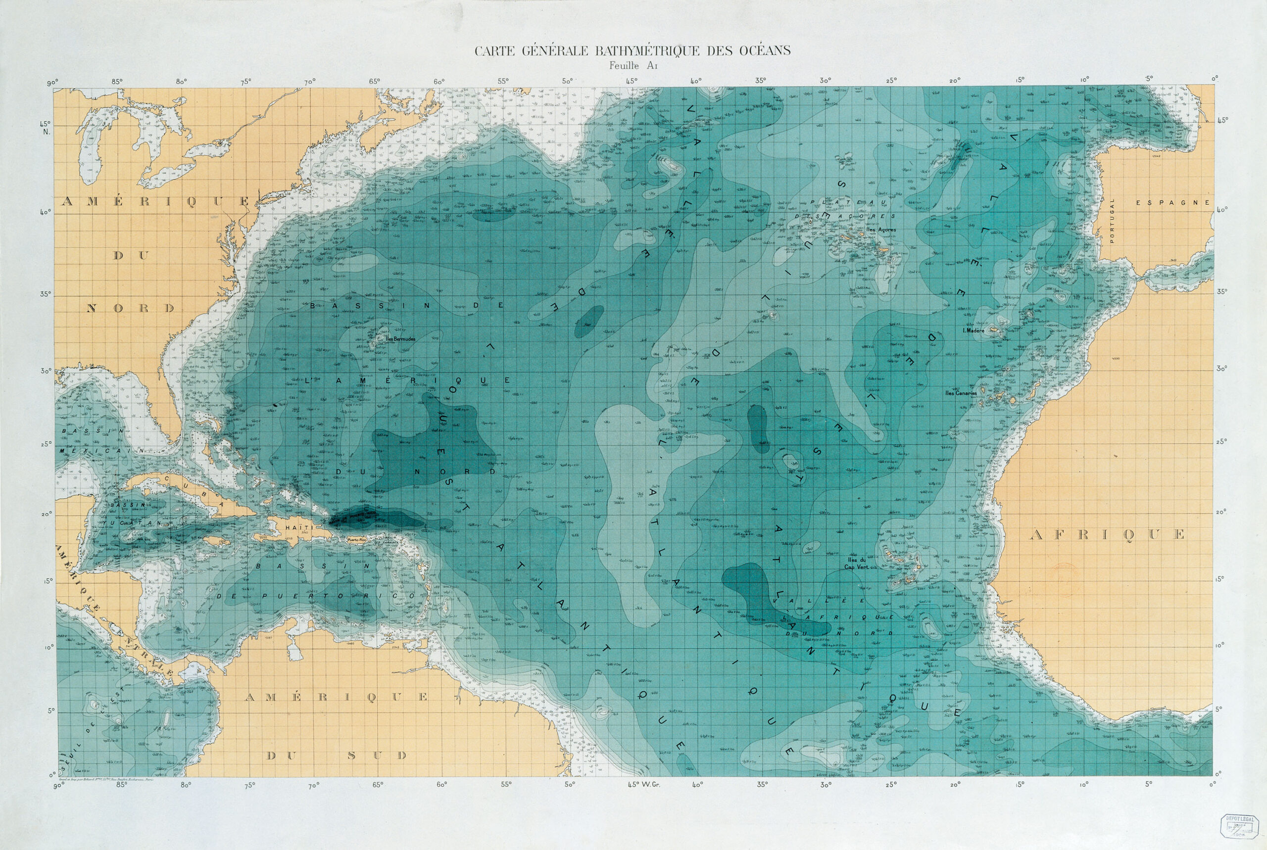 Obecná batymetrická mapa (GEBCO) oblasti severního Atlatiku (1905)