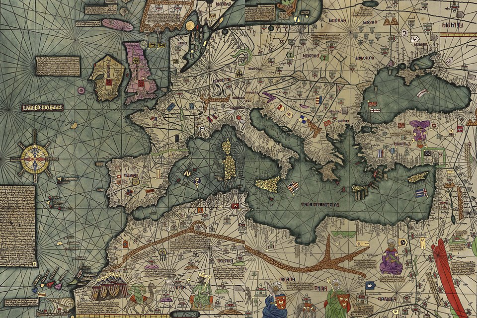 Katalánský atlas, část zobrazující Středozemní moře (kopie originálu z roku 1375)