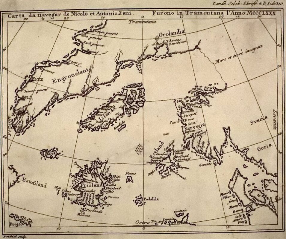 Mapa severního Atlantiku, zobrazující fiktivní ostrov Frisland (kopie originálu od Nicolò Zena z r. 1558)